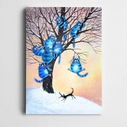 Ağaçta Mavi Kediler Kanvas Tablo
