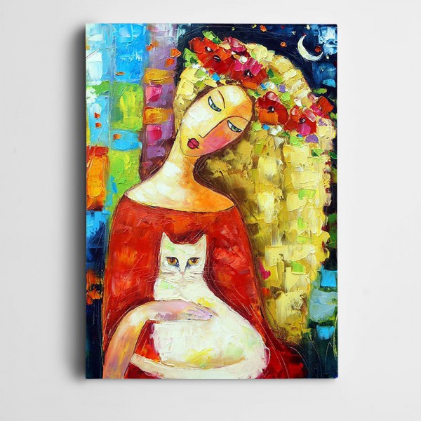Kedi ve Kırmızı Elbiseli Kadın Kanvas Tablo