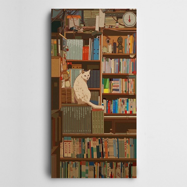 Kitaplıkta Kedi Panoramik Kanvas Tablo