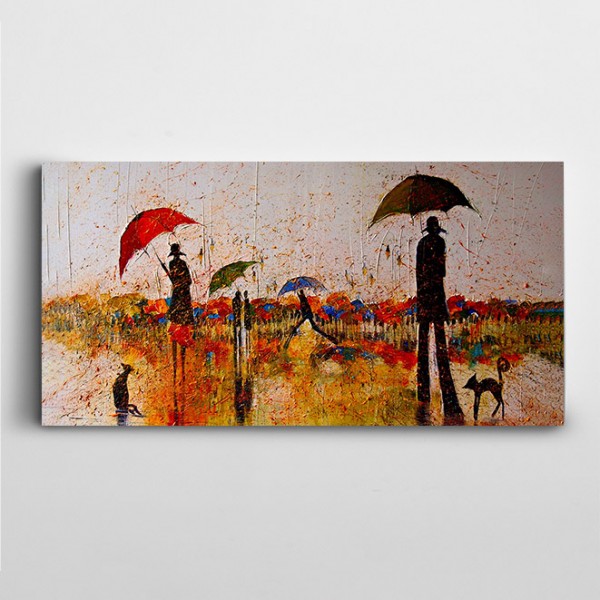 Şemsiyeli İnsanlar Panoramik Kanvas Tablo