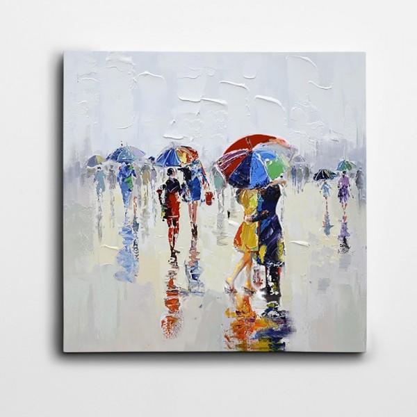 Şemsiyeli İnsanlar Renkli Kare Kanvas Tablo