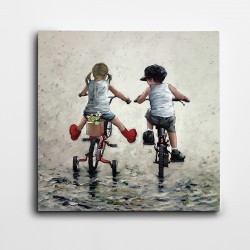 Bisikletli Çocuklar Yağmur Kanvas Tablo