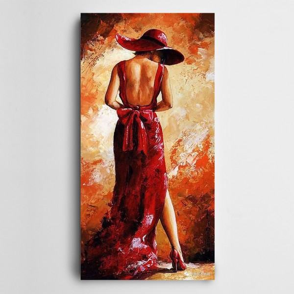 Kırmızı Elbiseli Şapkalı Kadın Panoramik Kanvas Tablo