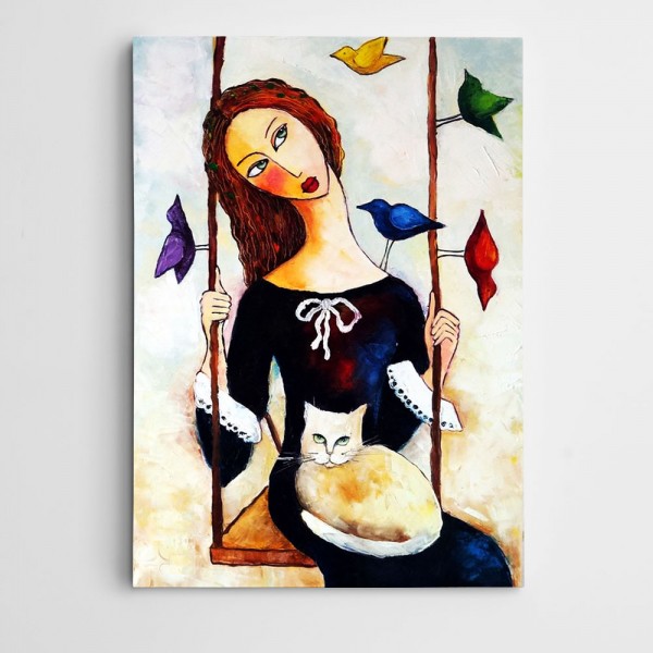 Salıncak Kedi ve Kuşlar Modern Sanat Kanvas Tablo