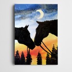 Sevgili Atlar Ay Yıldız Ağaçlar Kanvas Tablo