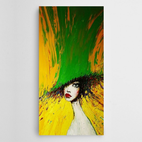 Yeşil Şapkalı Kadın Dekoratif Panoramik Kanvas Tablo