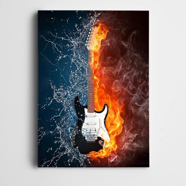Elektro Gitar Ateş ve Su Kanvas Tablo