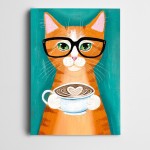 Kedi Gözlüklü Kahve İçerken Kanvas Tablo