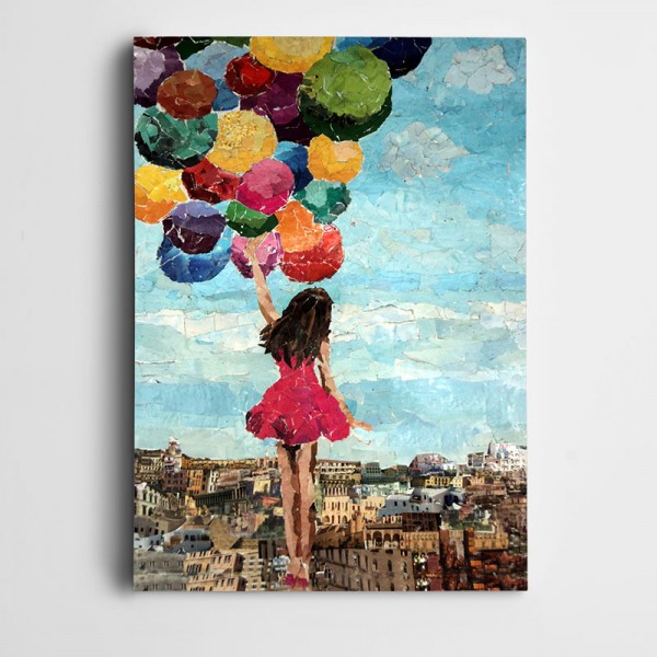 Renkli Balonlar Ve Pembeli Kız Kanvas Tablo