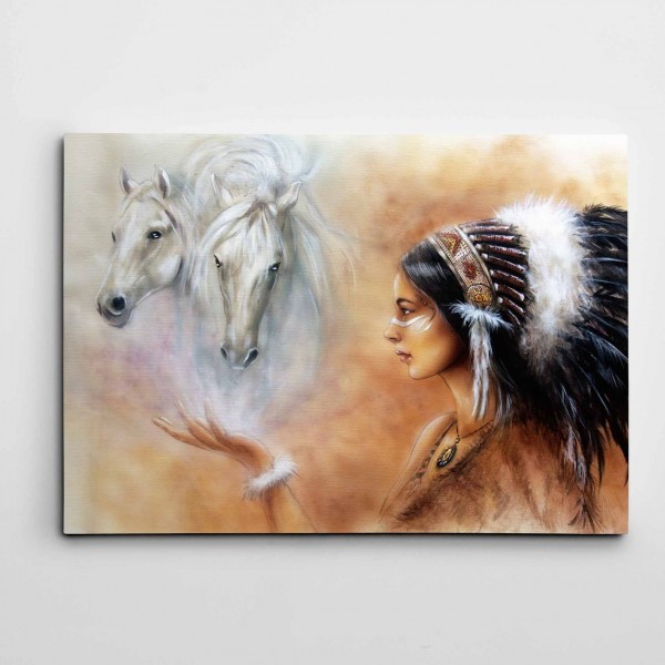 Kızılderili ve Beyaz Atlar Modern Sanat Kanvas Tablo