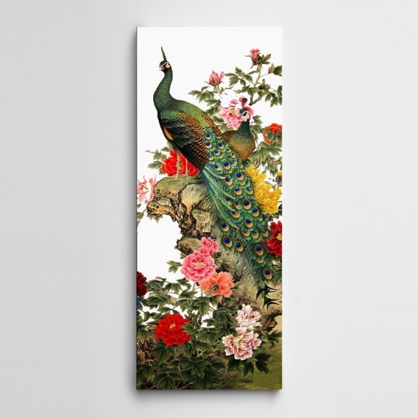 Tavus Kuşu ve Çiçekler Panoramik Kanvas Tablo