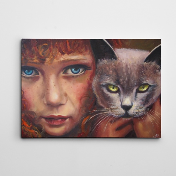 Kedi ve Kız Yağlı Boya Reprodüksiyon Kanvas Tablo